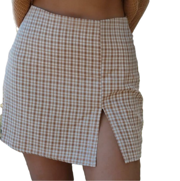 hyvfe Dresses & Skirts - Hyfve Plaid Mini Skirt Tan Neutral Split Hem